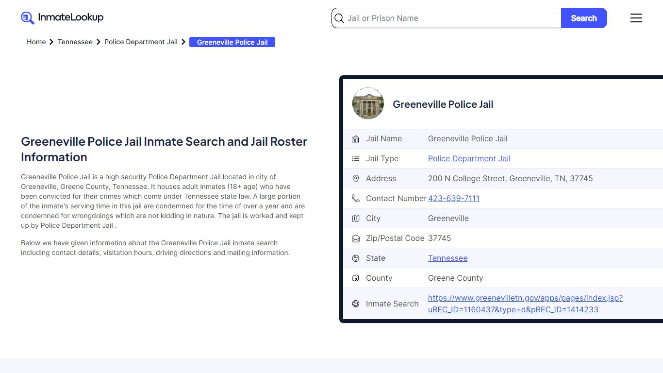 Greeneville Police Jail Inmate Search and Jail Roster Information